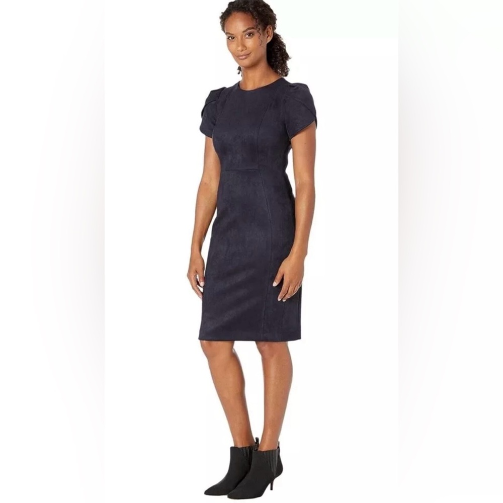 CALVIN KLEIN Dress Navy Blue Soft Faux Suede Tulip Sleeve Sheath Size 12